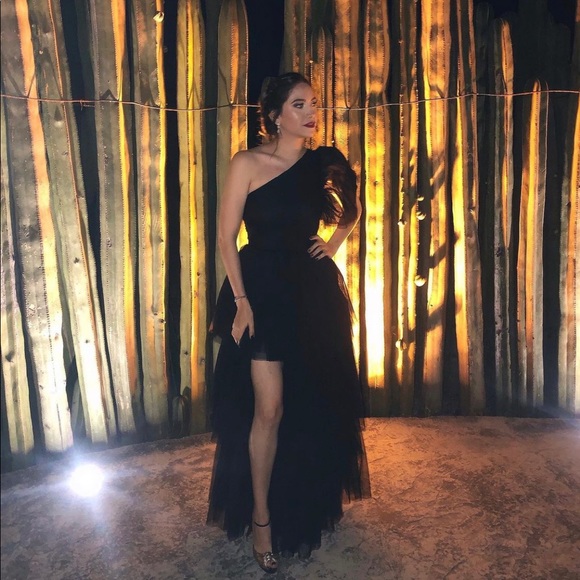 Lace & Beads One Shoulder Tulle Maxi Dress with Thigh Split in Black - Picture 4 of 4